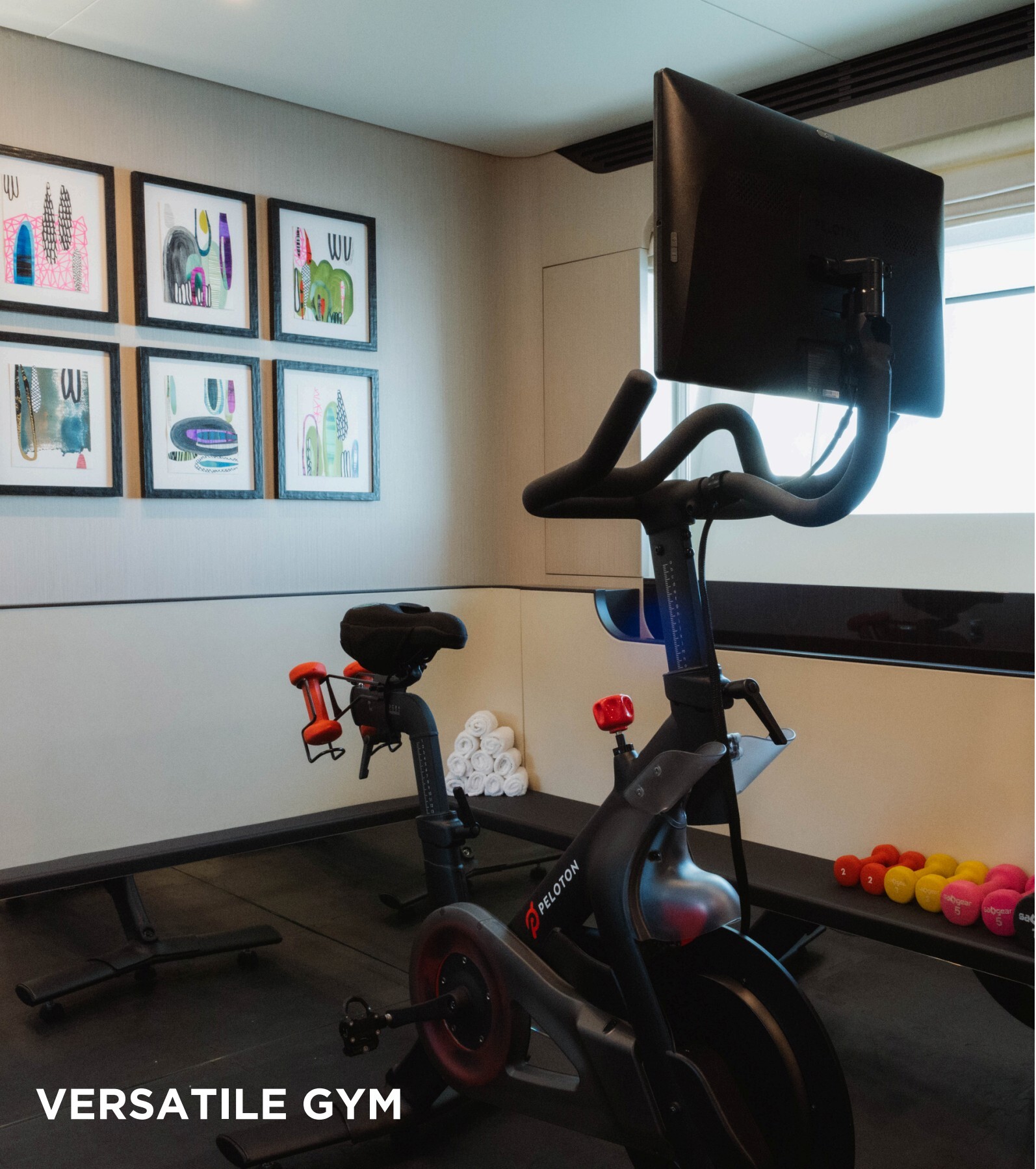 Versatile fifth cabin shown as gym and as bedroom