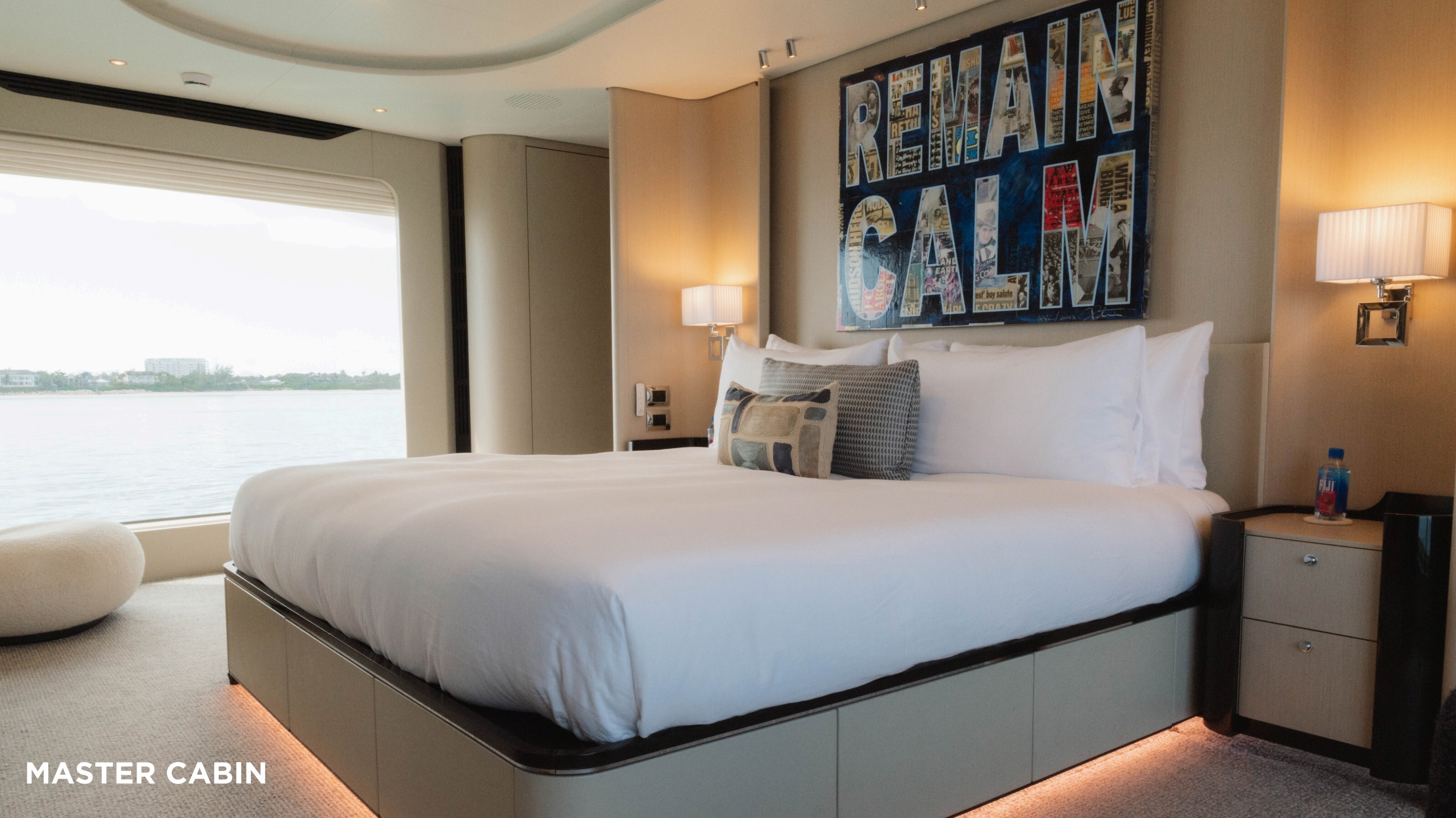 Master cabin with panoramic window and contemporary art